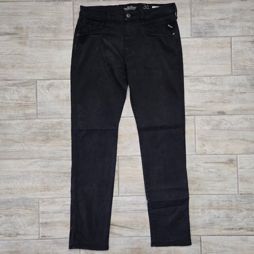 Replay Anbass Slim Straight Jeans Men's Black Performance Stretch Casual Work 34
